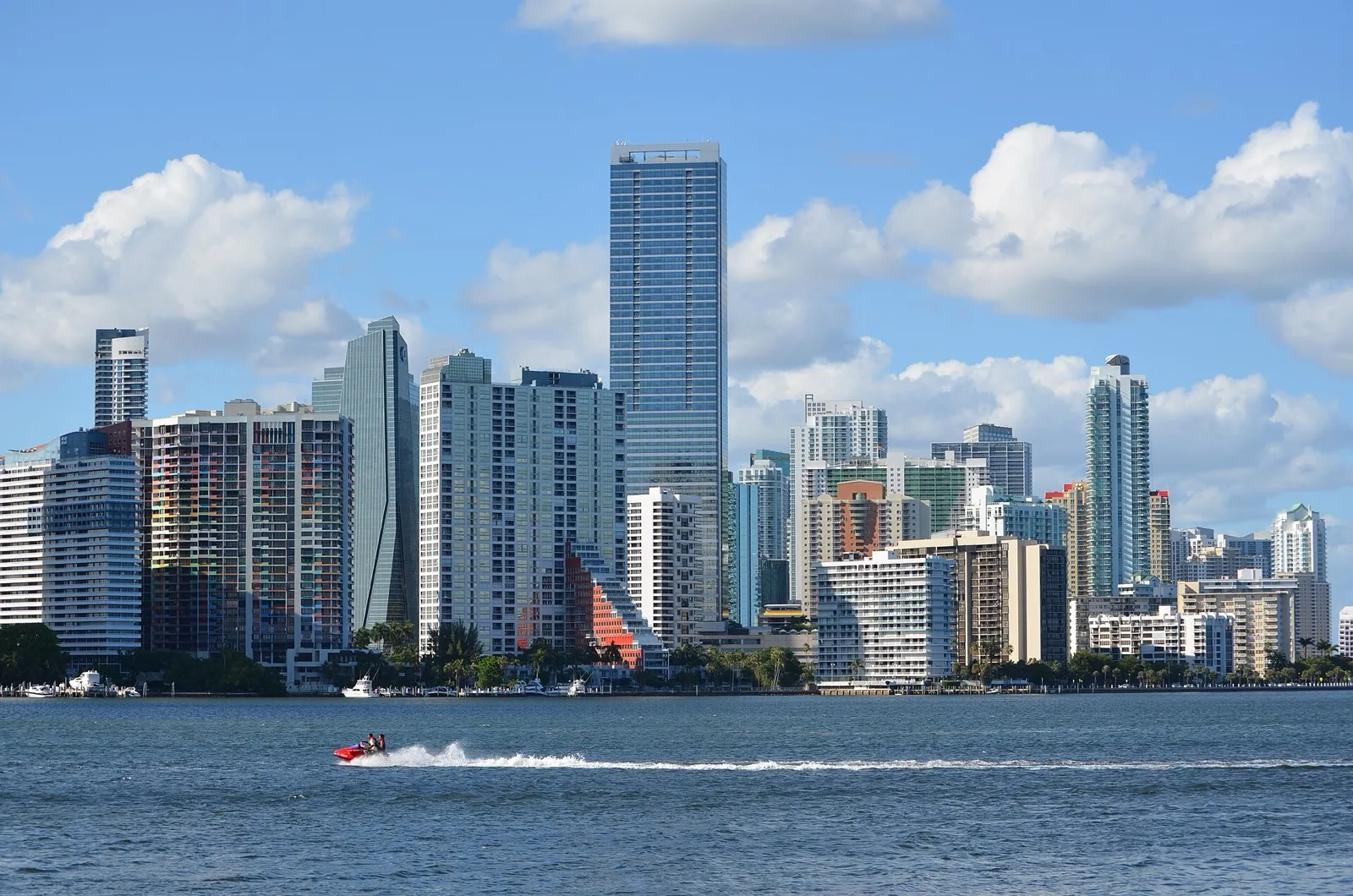 Condos for sale in Miami — downtown and Brickell skyline from Biscayne Bay